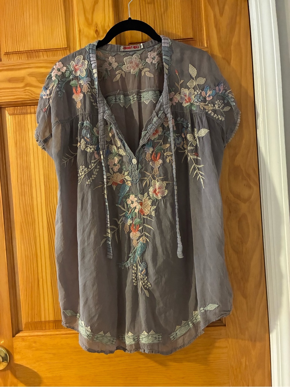 Johnny Was Gray Embroidered V-Neck Tunic with Multi-Color Floral Accents